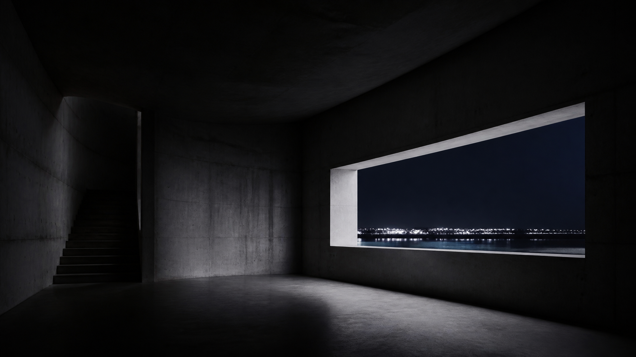 A dark architectural room with a long horizontal window overlooking distant lights.