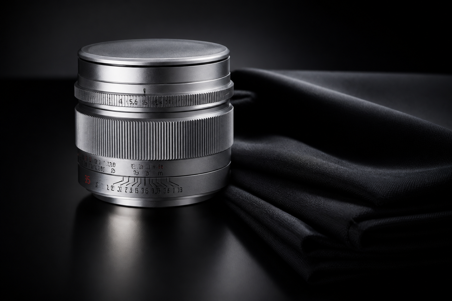 Silver camera lens on folded black fabric.
