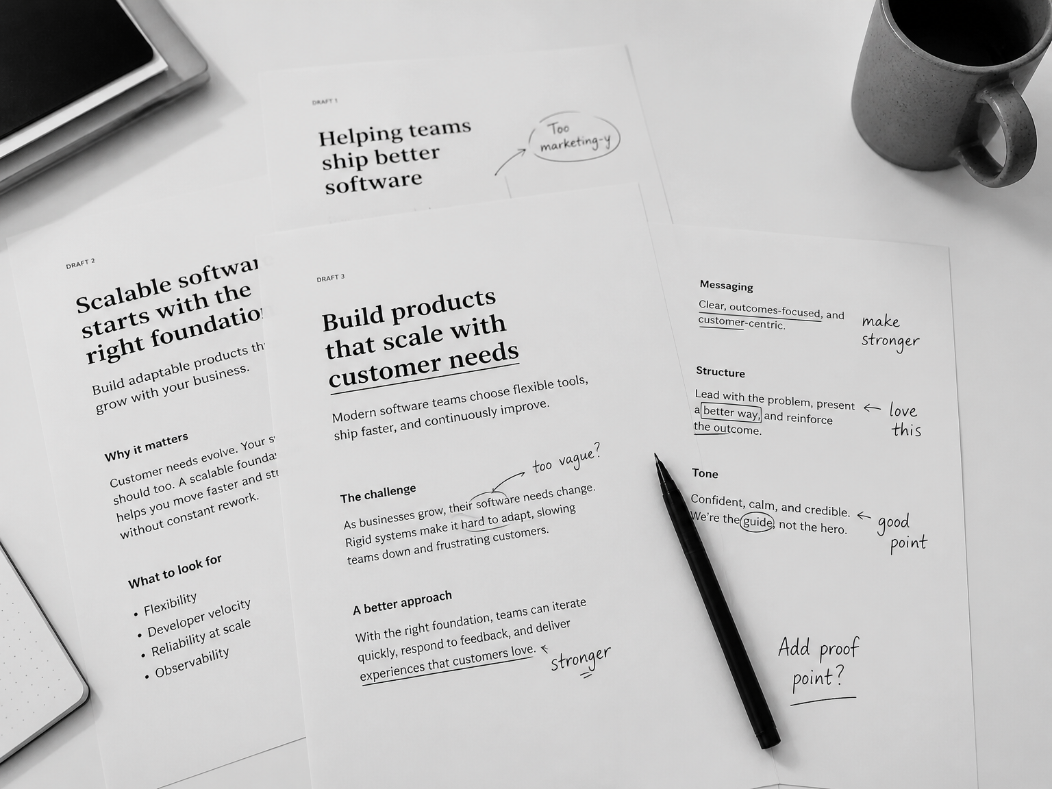 Editorial workspace with source notes and drafting tools