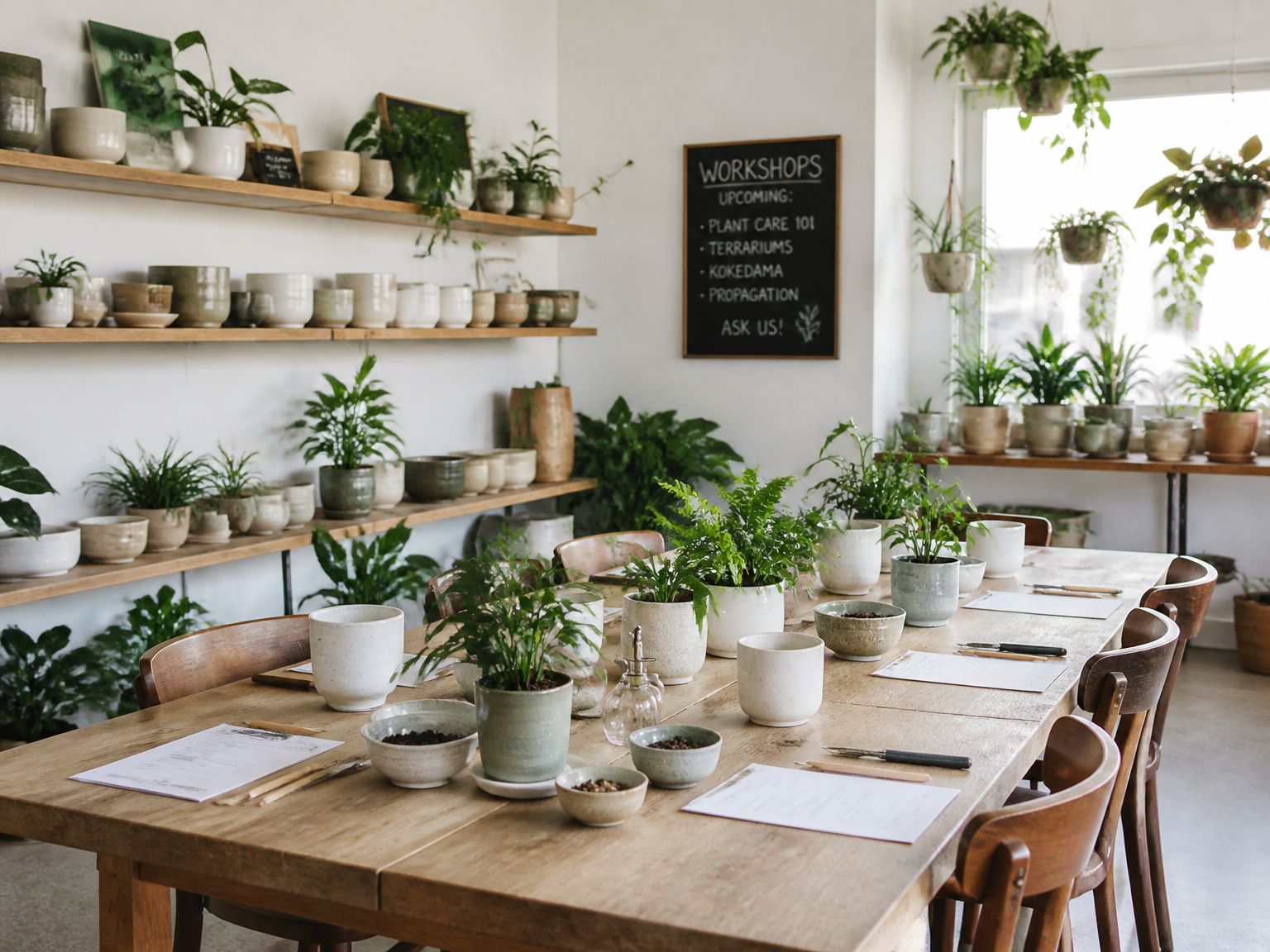 Workshop table inside a plant shop