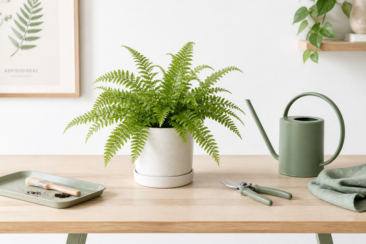 Fern and watering can on a care table