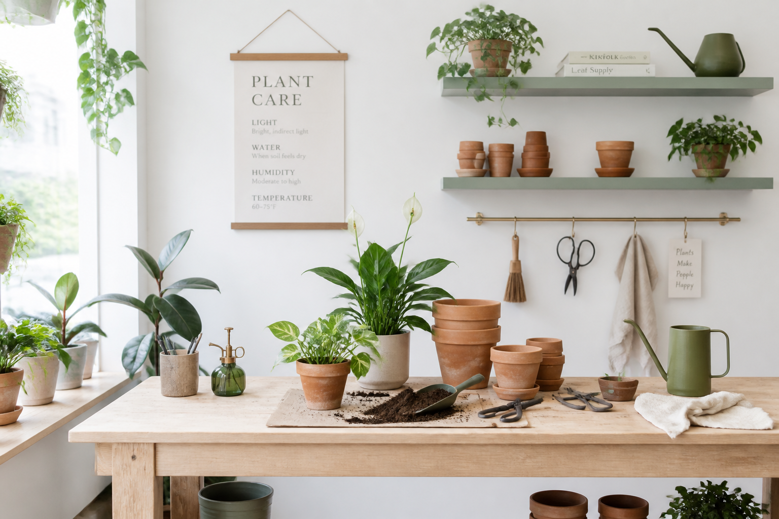 Repotting table with plants and tools
