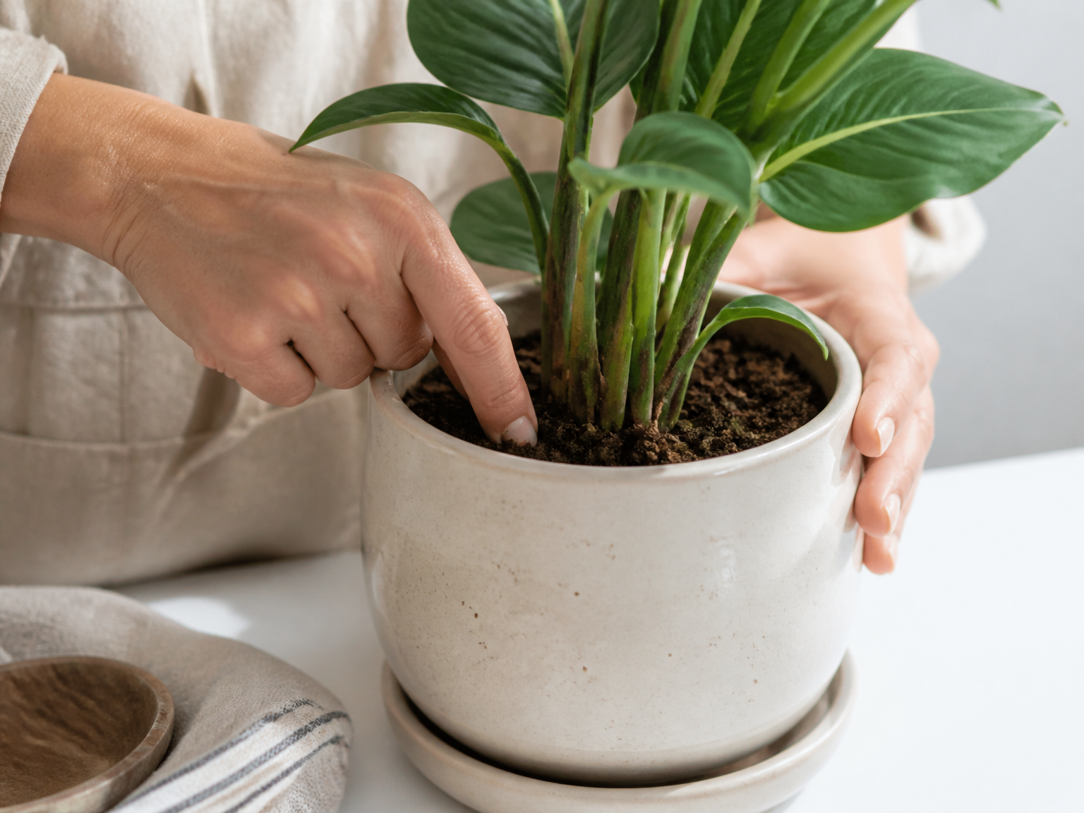 Hands checking a plant in a ceramic pot