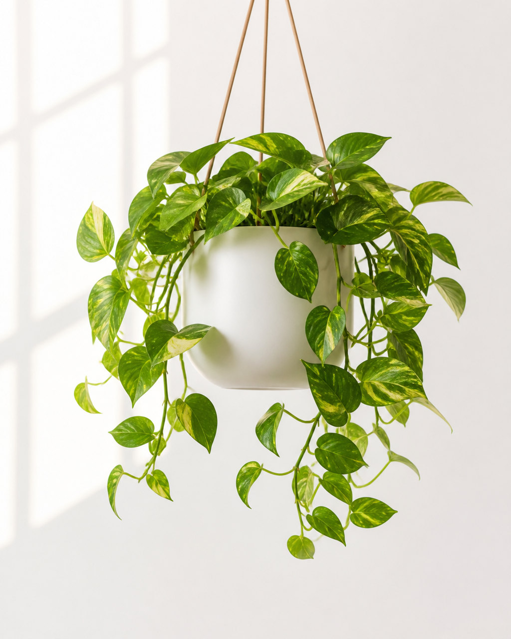 Golden pothos hanging in a pale planter