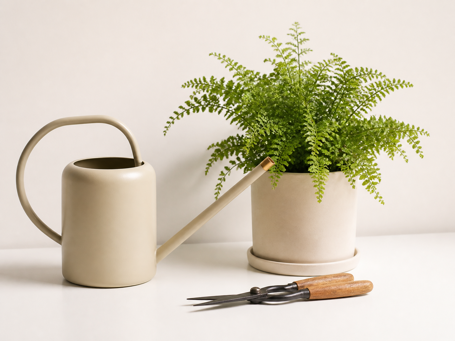 Fern and watering can on a pale studio table