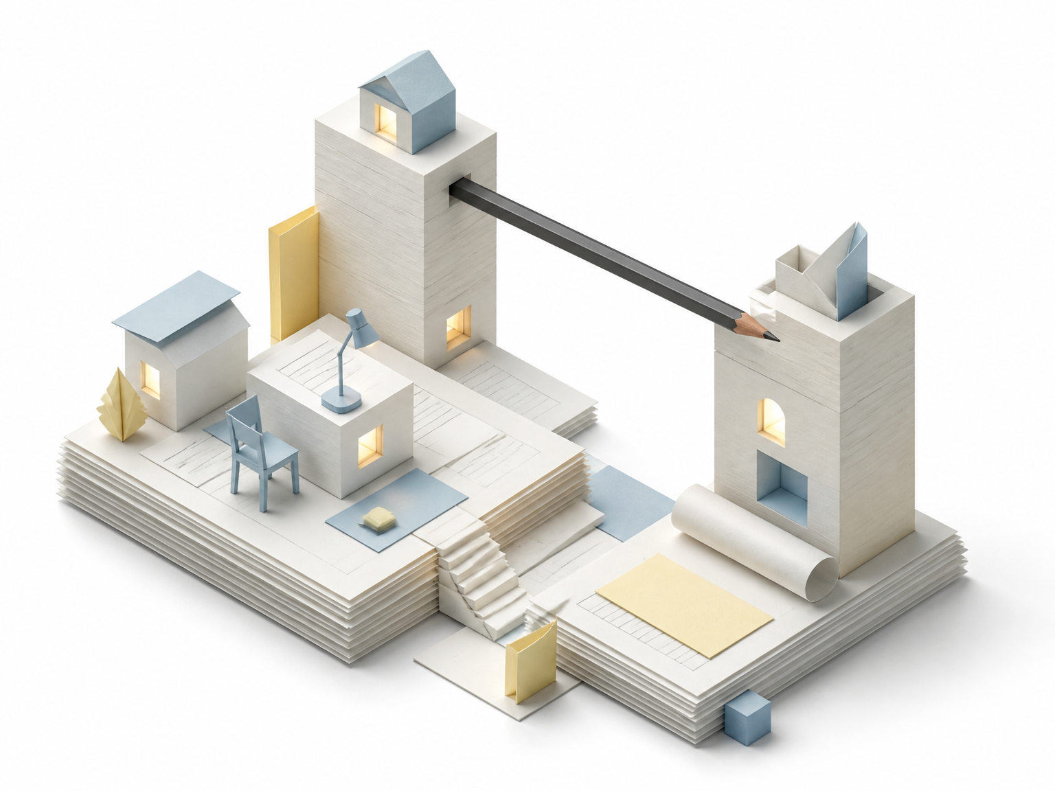 Isometric architectural writing workspace