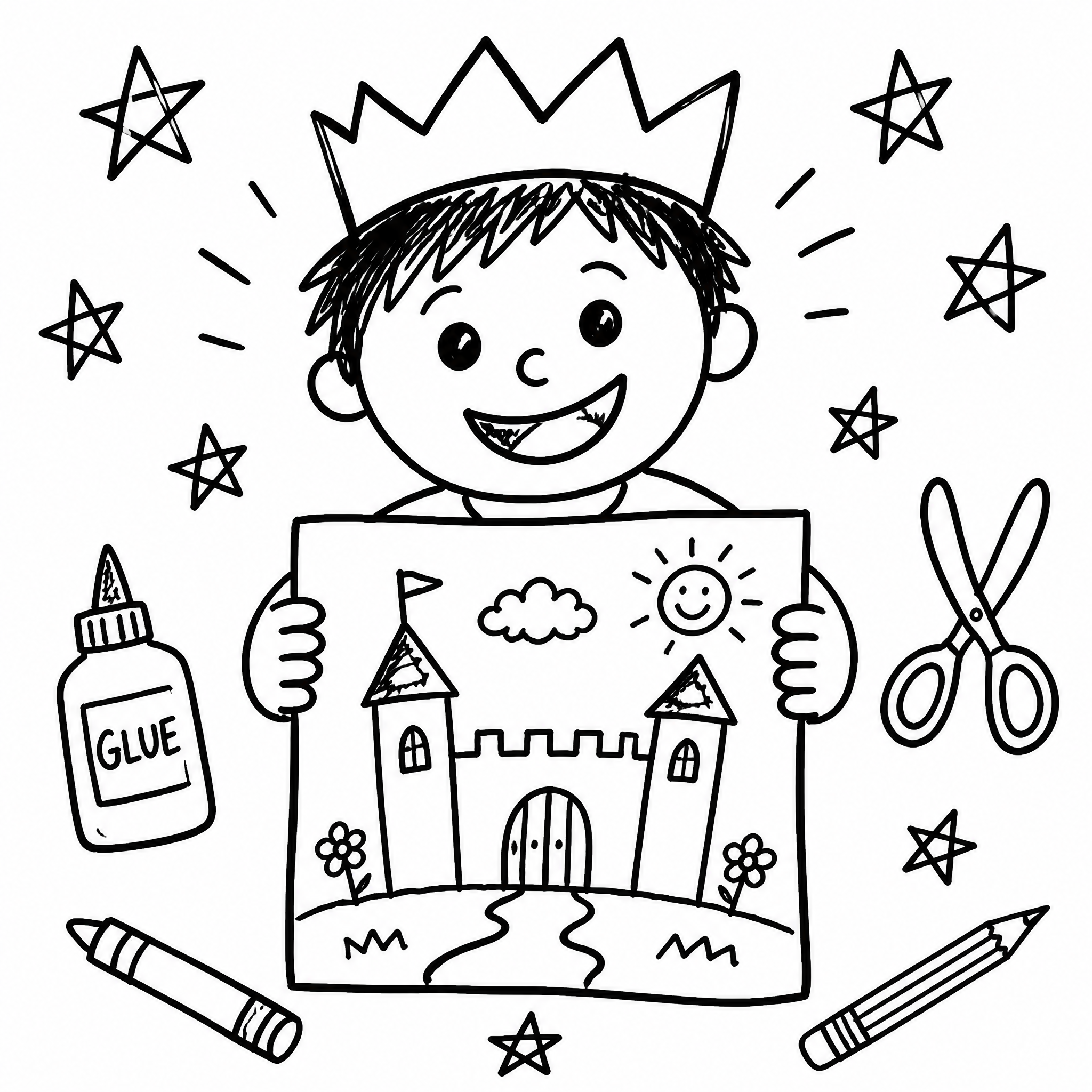 Hand-drawn kid holding up a finished project