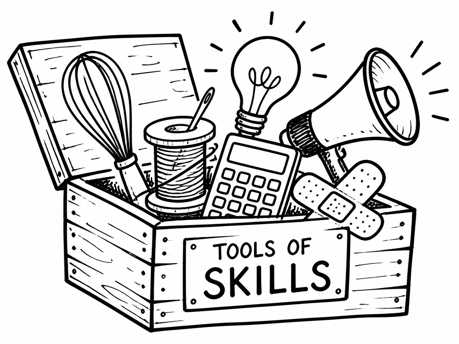 Hand-drawn crate overflowing with skill tools