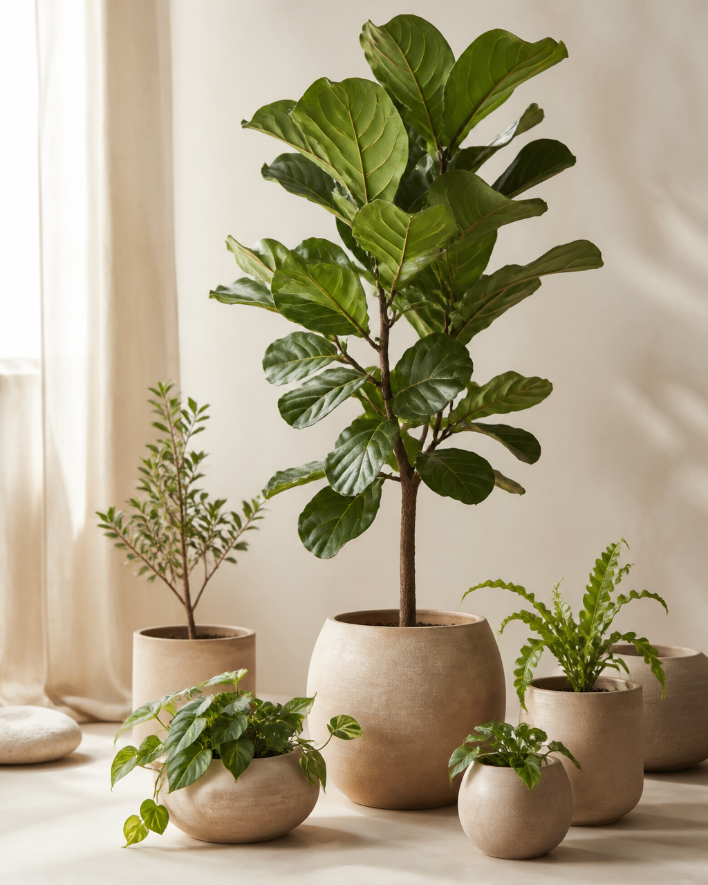 A group of potted houseplants arranged by a soft window
