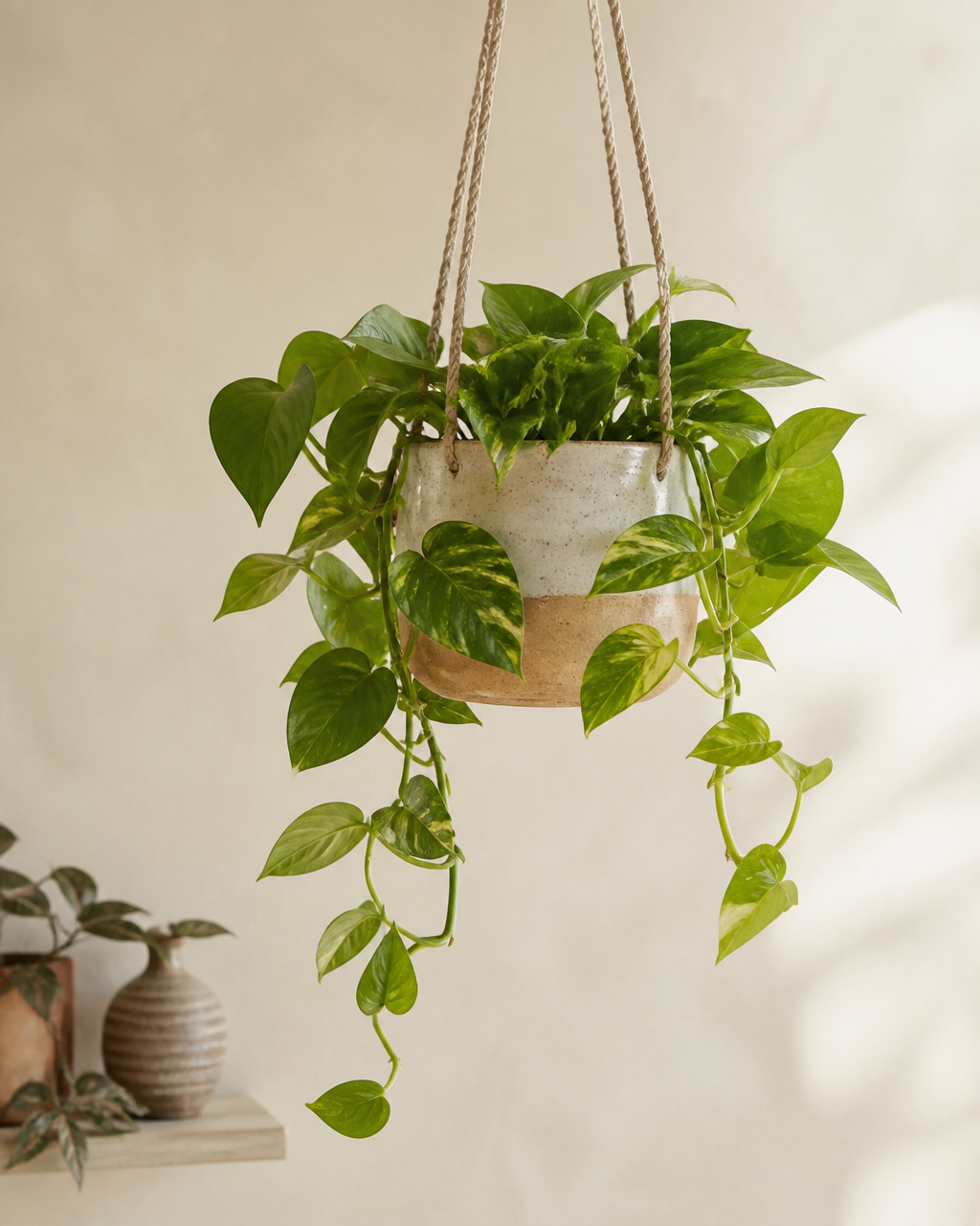 Trailing pothos in a hanging planter