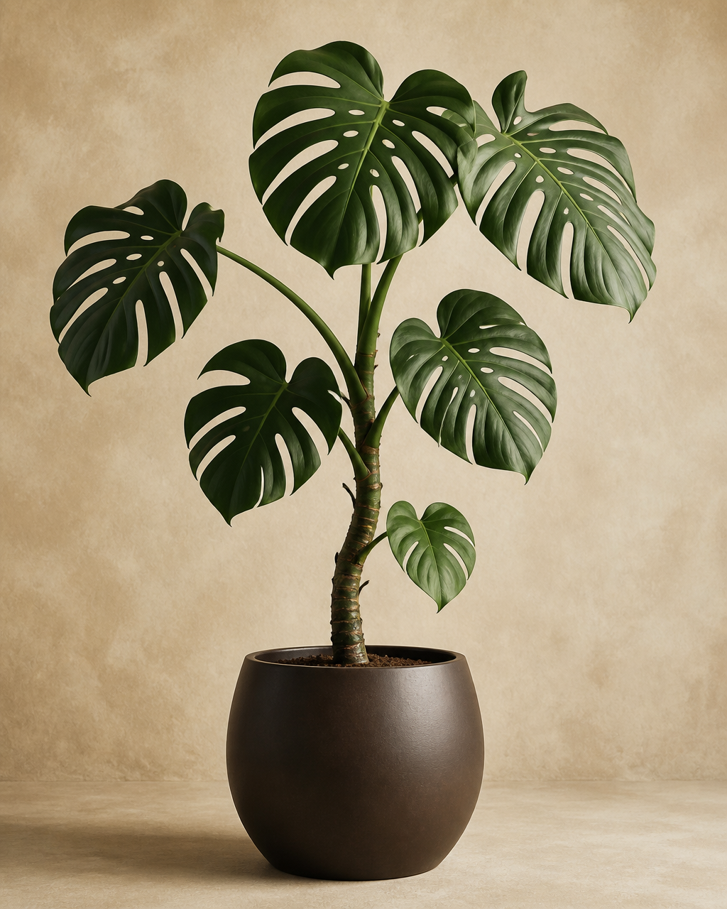 Monstera plant in a dark clay pot