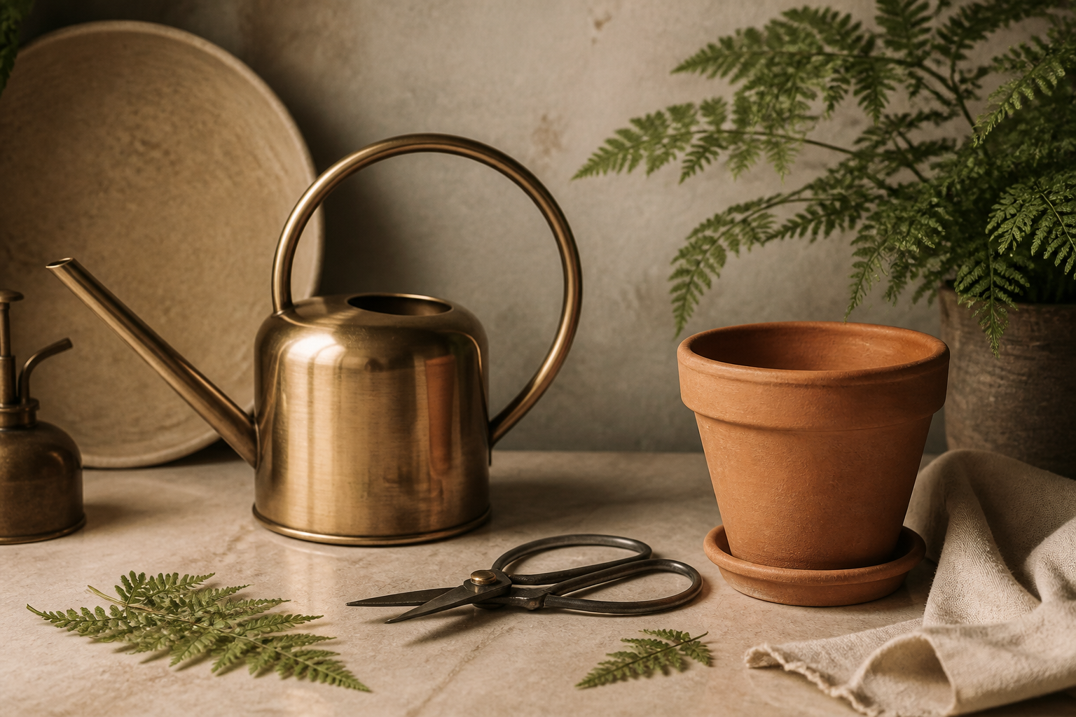 Plant care tools, a brass watering can, and a clay planter